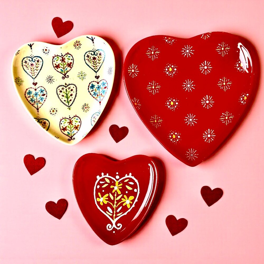 Department 56 Ceramic Trinket Dish Plate Heart Flowers Set of 3